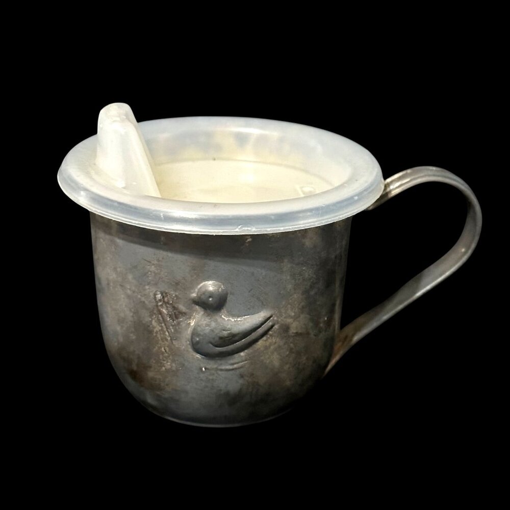 Vintage 1987 silver plate baby cup duck embossed plastic sipper lid - Picture 1 of 7